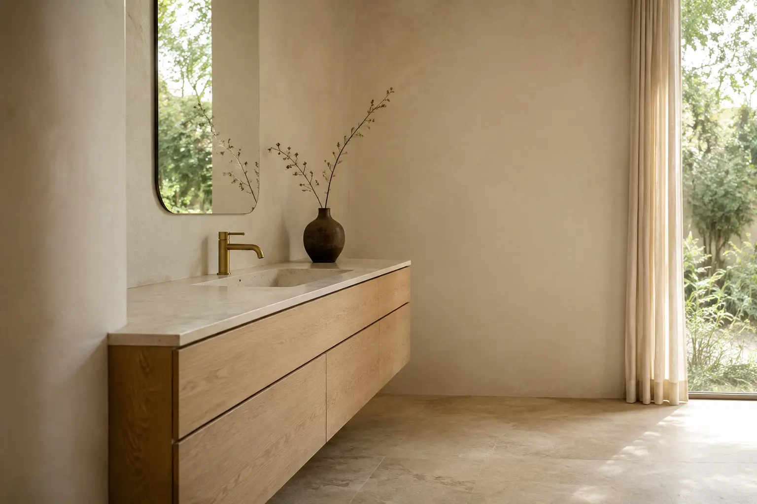 AI concept: natural oak vanity with pale stone, soft curtains and garden light